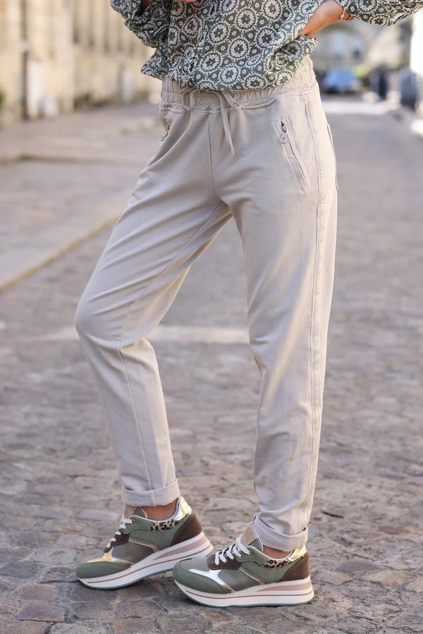 Beige Cotton Sweatpants Bottoms with Embroidered Cheveron Outseams