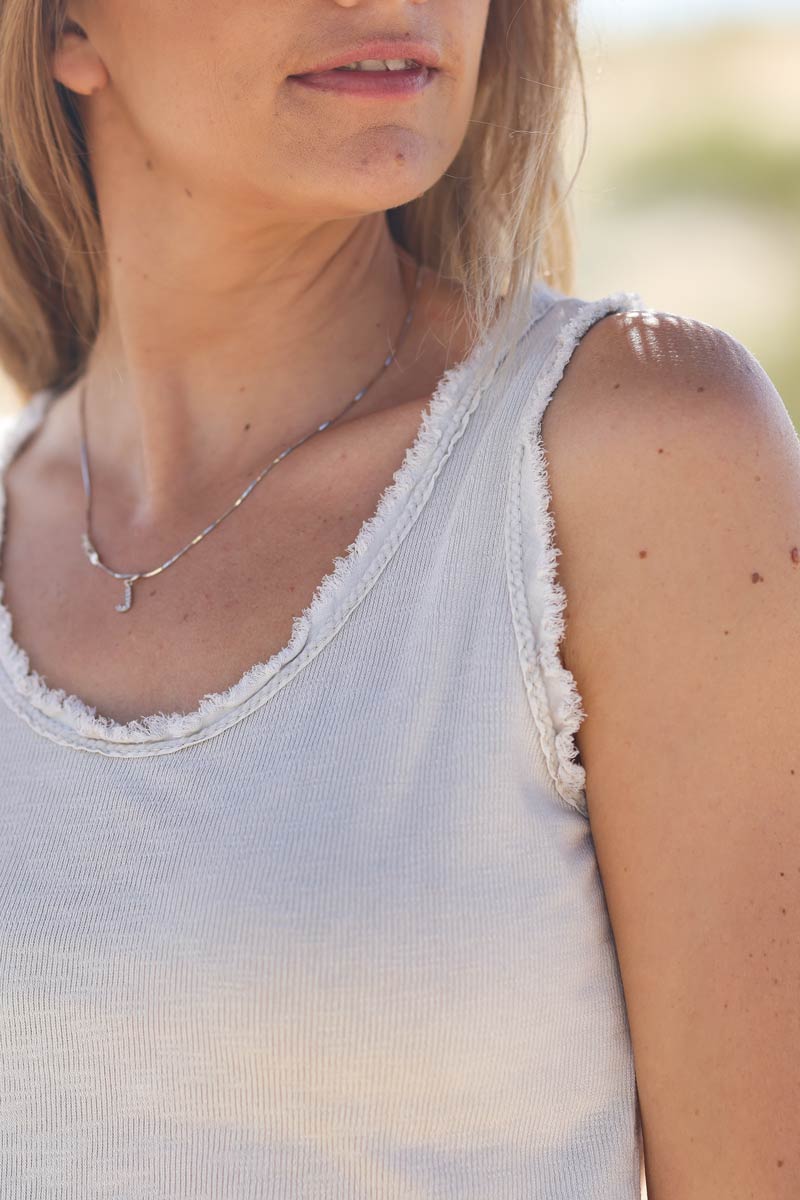 Beige cotton tank top with fringes