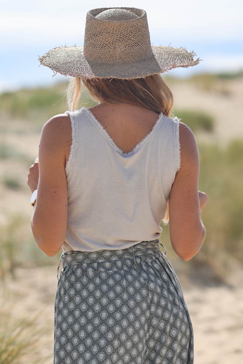 Beige cotton tank top with fringes