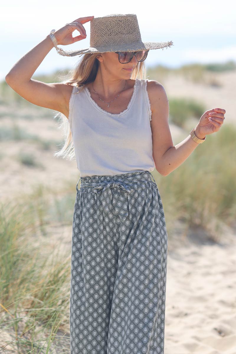 Beige cotton tank top with fringes