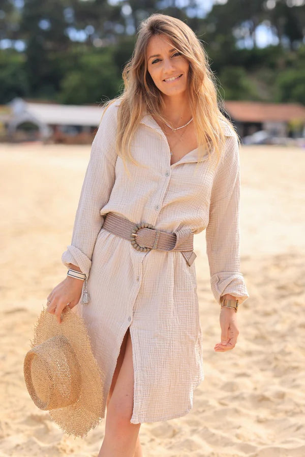 Beige crinkle cotton gauze dress with mother of pearl buttons