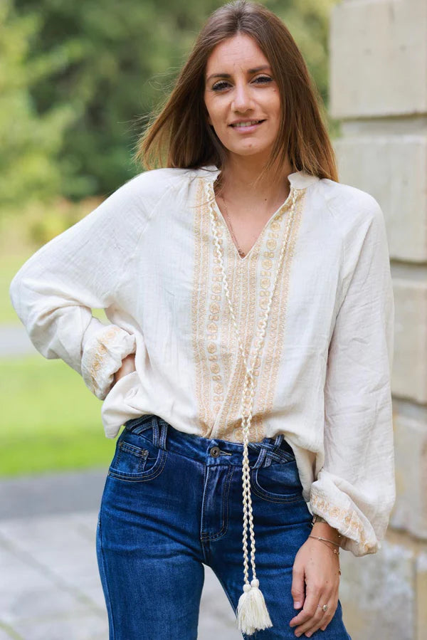 Talulah Beige Embroidered Cotton Peasant Blouse