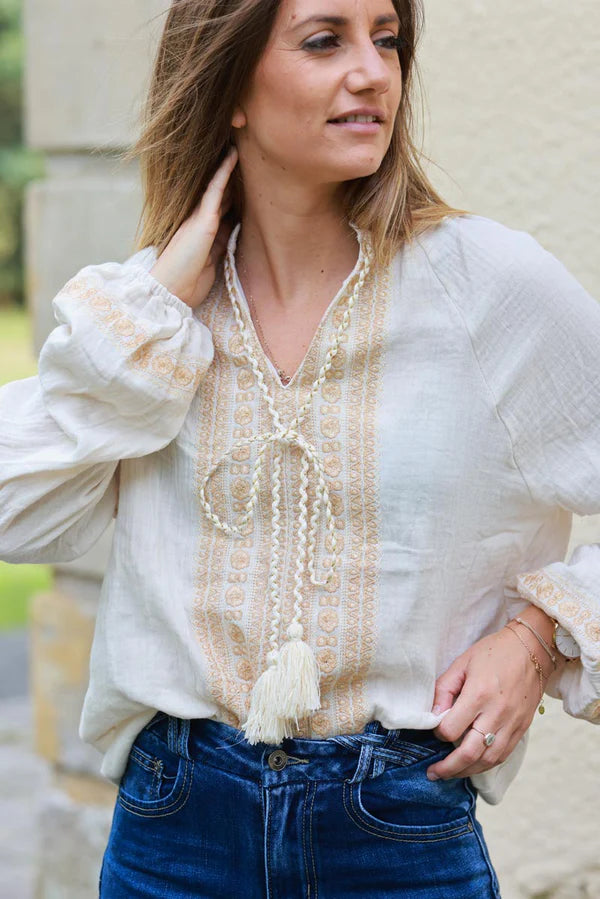 Talulah Beige Embroidered Cotton Peasant Blouse