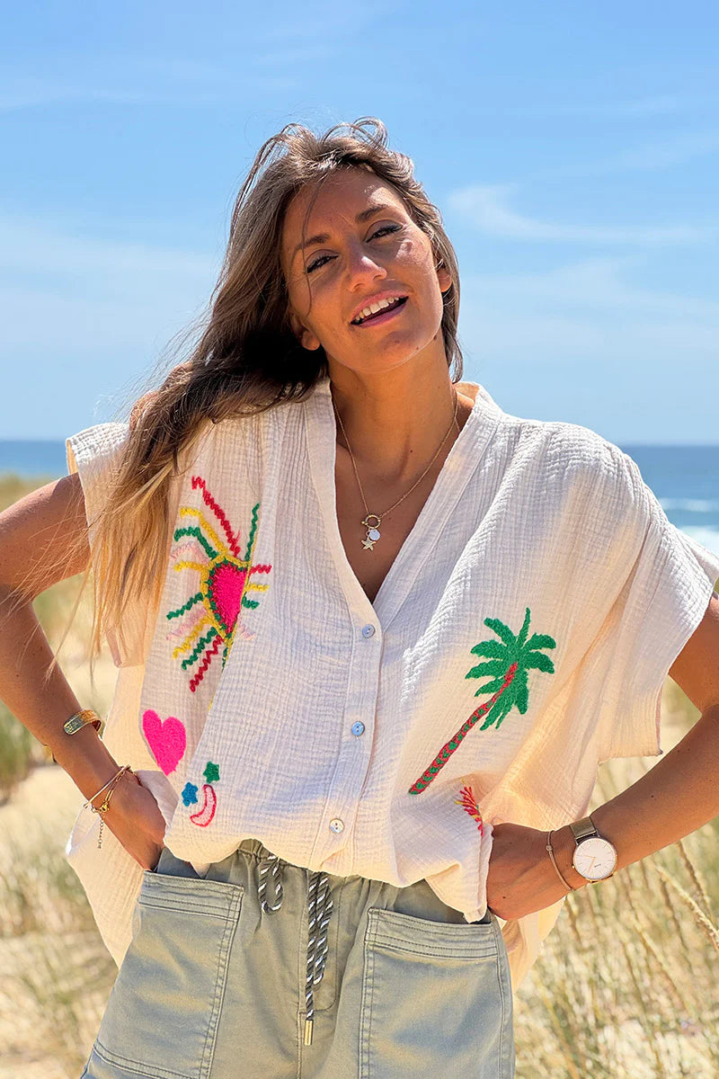 Beige Embroidered Gauze Button-Down Blouse
