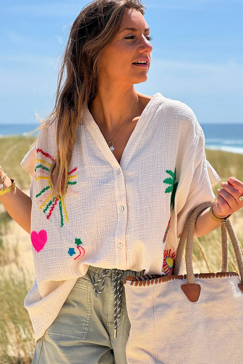 Beige Embroidered Gauze Button-Down Blouse