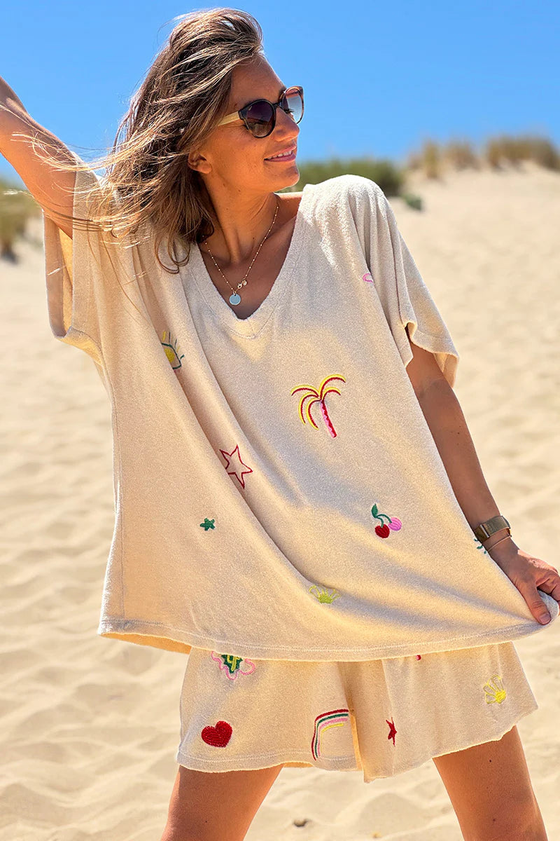 Beige Embroidered Terry V-Neck Top