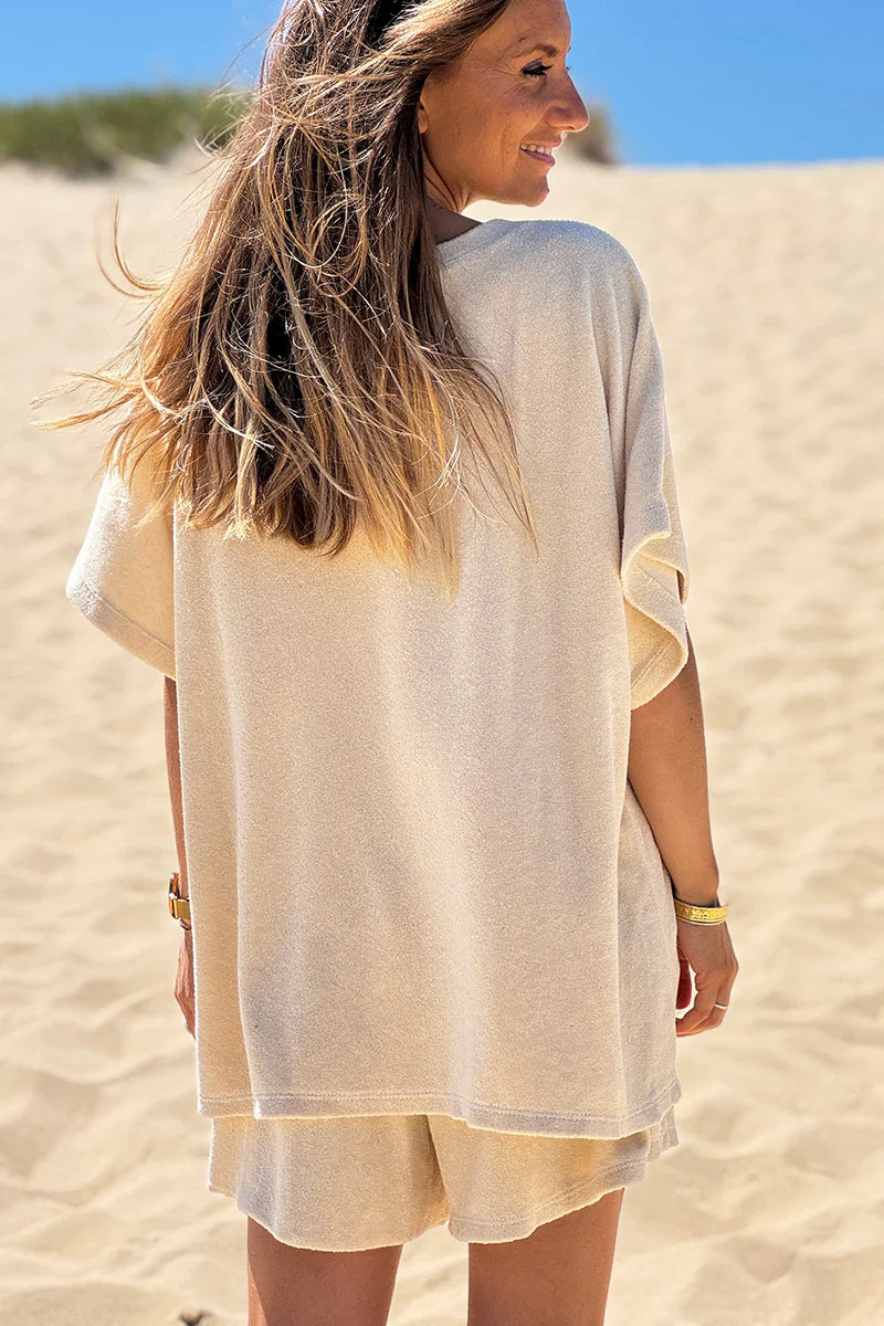 Beige Embroidered Terry V-Neck Top