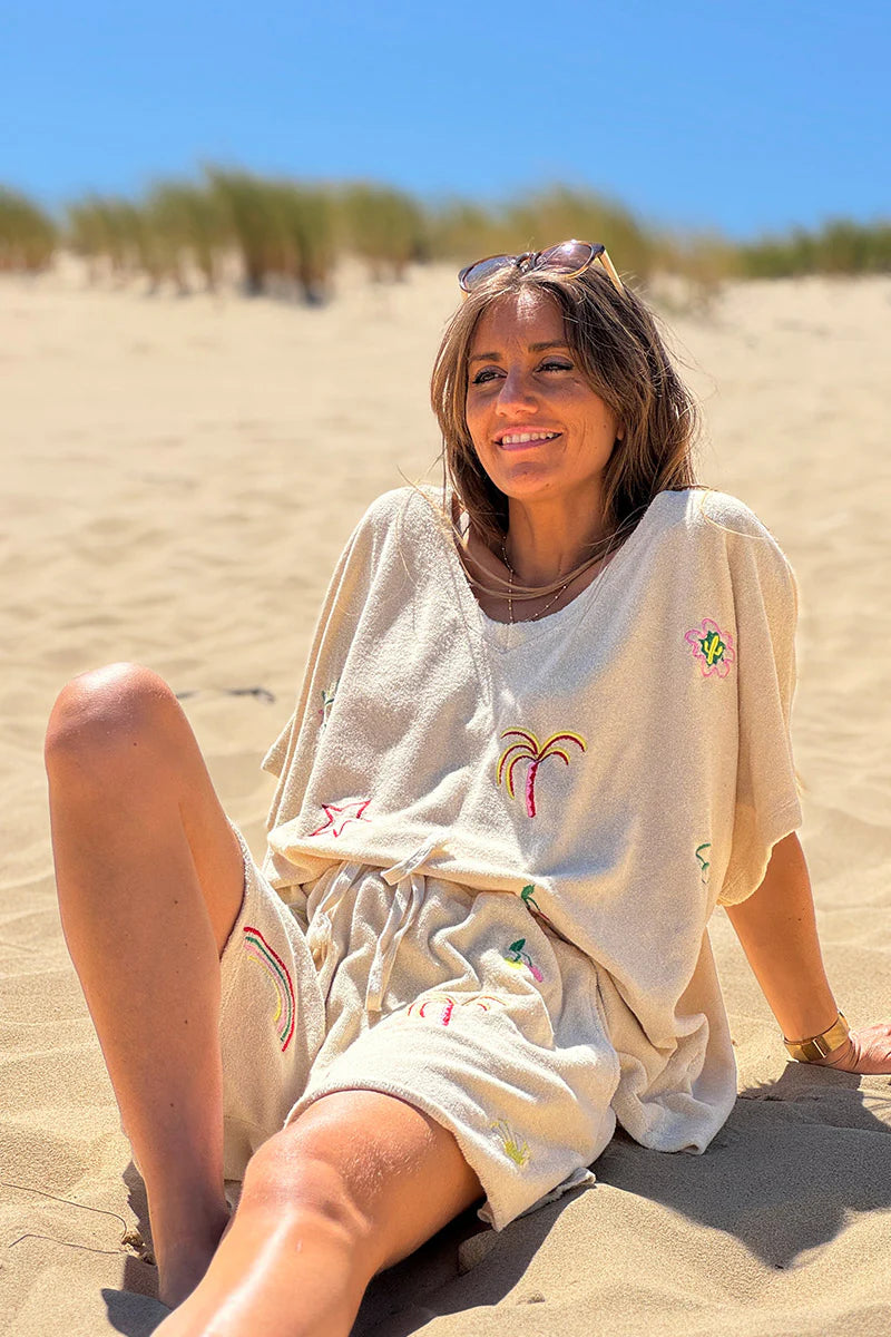 Beige Embroidered Terry V-Neck Top