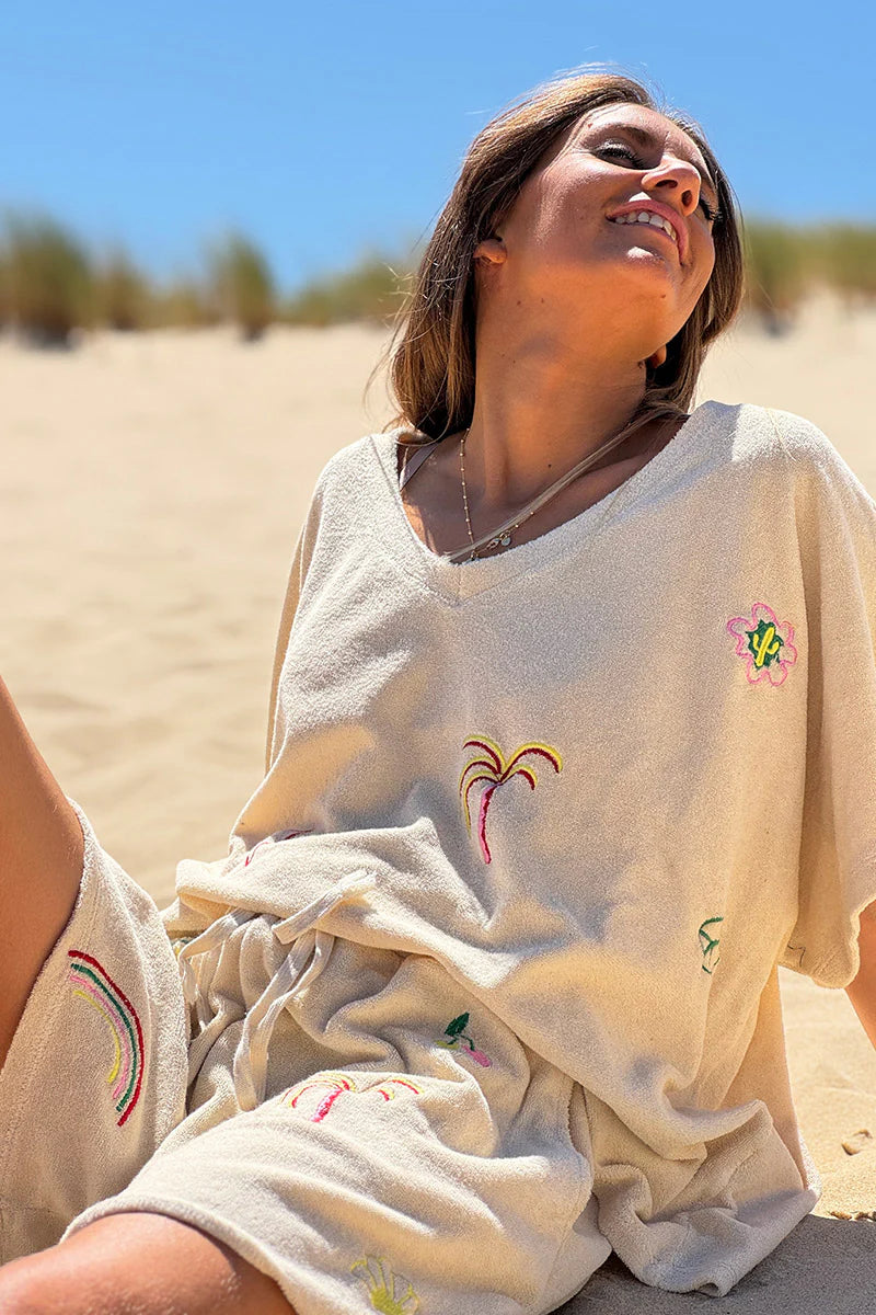 Beige Embroidered Terry V-Neck Top