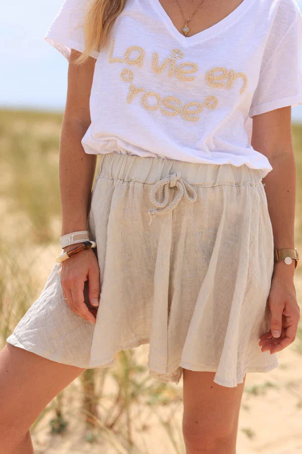 Beige floaty linen shorts with elasticated waistband