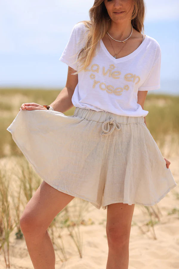 Beige floaty linen shorts with elasticated waistband