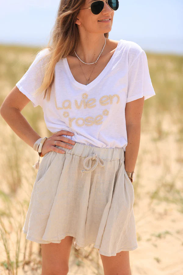 Beige floaty linen shorts with elasticated waistband