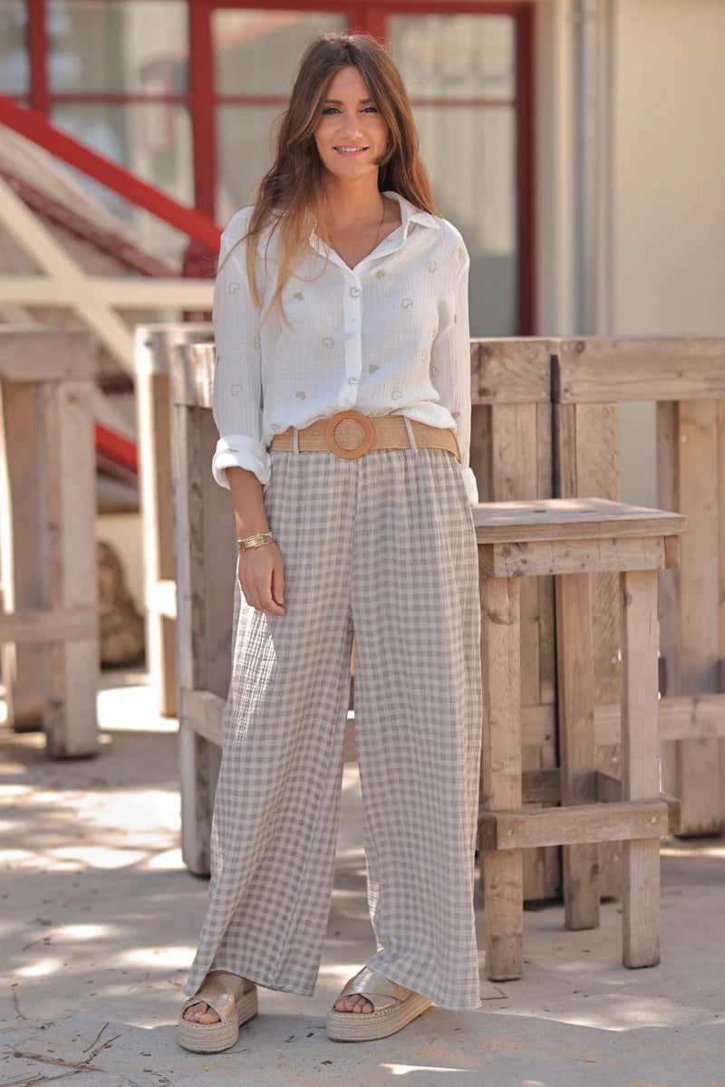 Beige Gingham Gauze Belted Pants