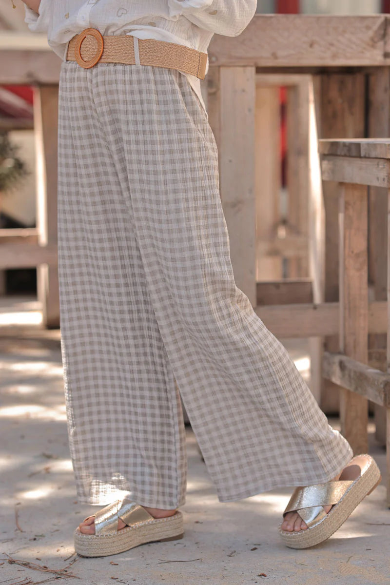 Beige Gingham Gauze Belted Pants