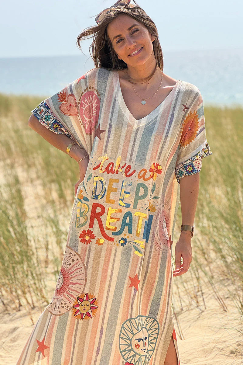 Beige Glitter Knit “Take a Deep Breath” Striped Maxi Dress
