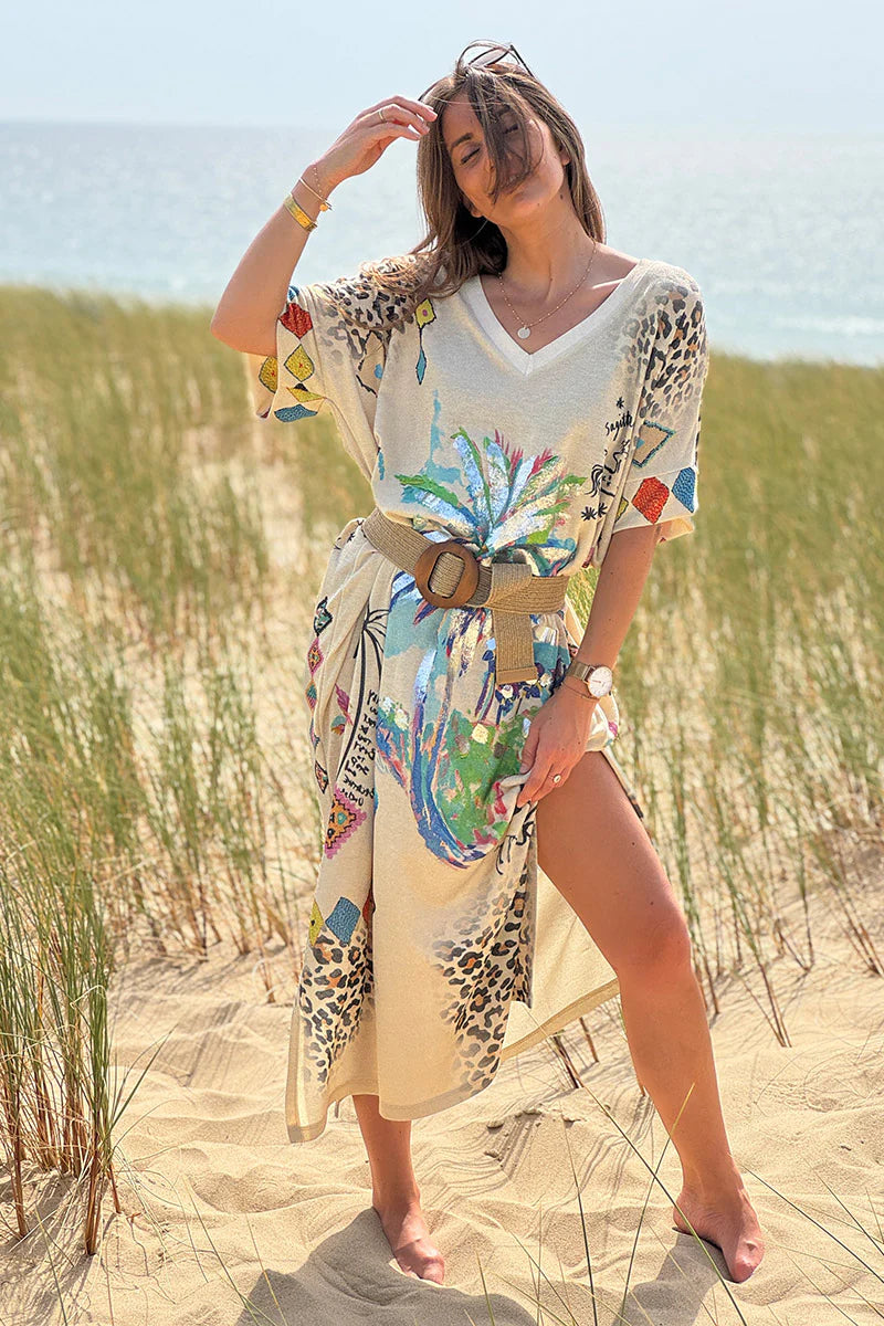 Beige Glitter Knit Tropical Watercolor Maxi Dress