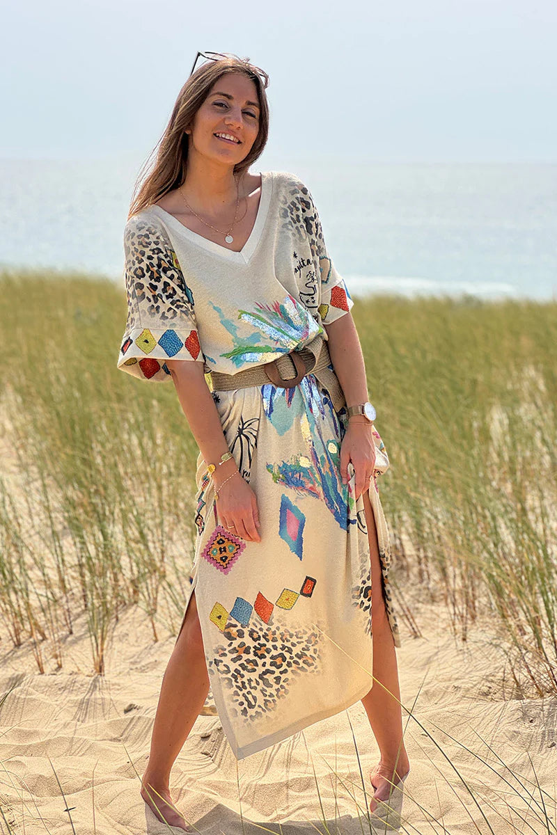 Beige Glitter Knit Tropical Watercolor Maxi Dress