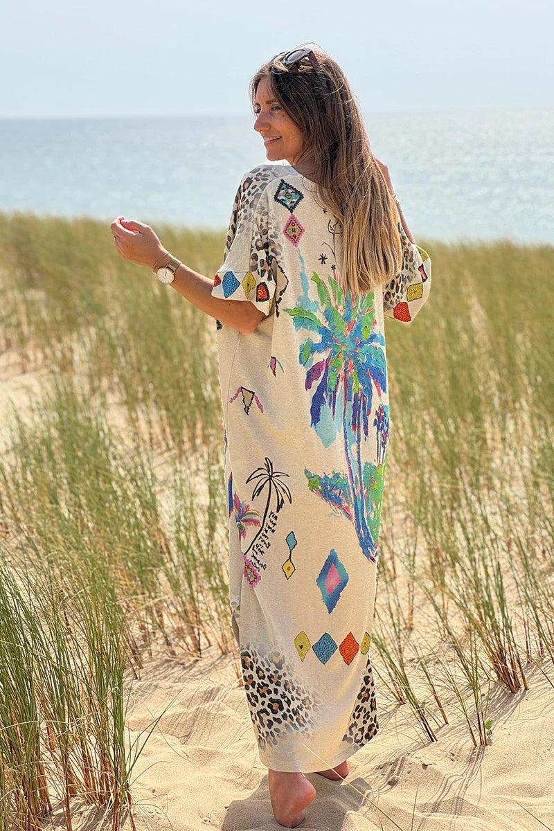 Beige Glitter Knit Tropical Watercolor Maxi Dress