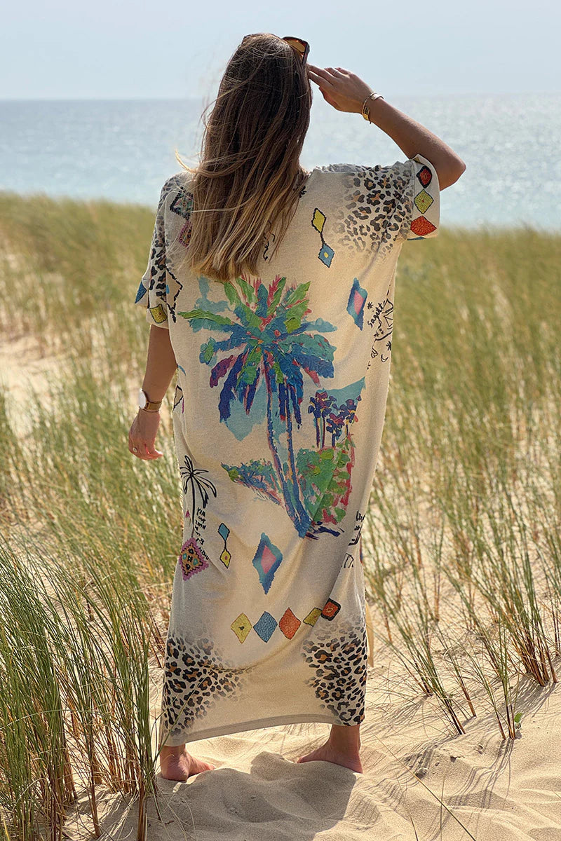 Beige Glitter Knit Tropical Watercolor Maxi Dress