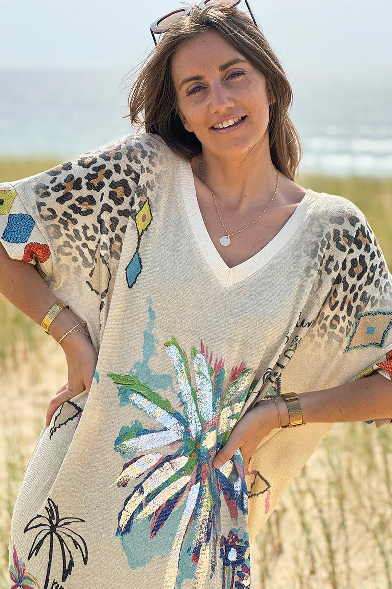 Beige Glitter Knit Tropical Watercolor Maxi Dress