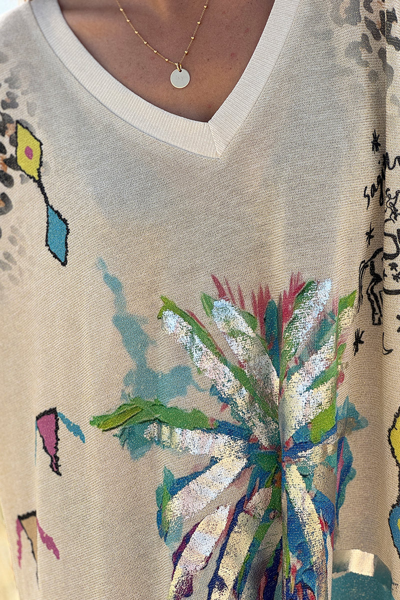 Beige Glitter Knit Tropical Watercolor Maxi Dress