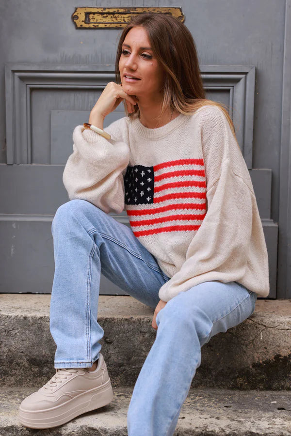 Beige American Flag Intarsia Knit Sweater