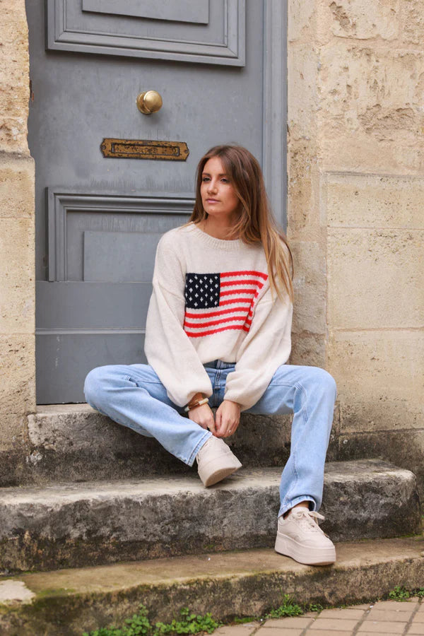 Beige American Flag Intarsia Knit Sweater