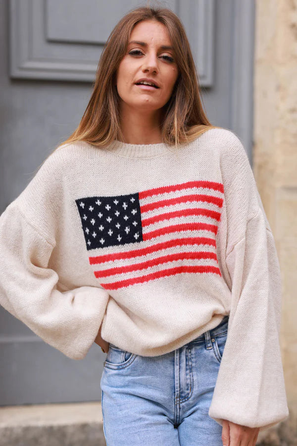 Beige American Flag Intarsia Knit Sweater