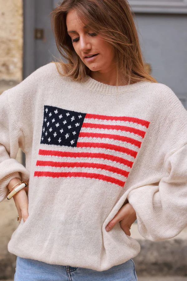 Beige American Flag Intarsia Knit Sweater