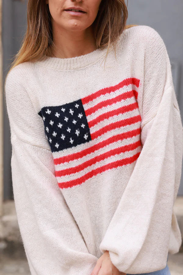 Beige American Flag Intarsia Knit Sweater