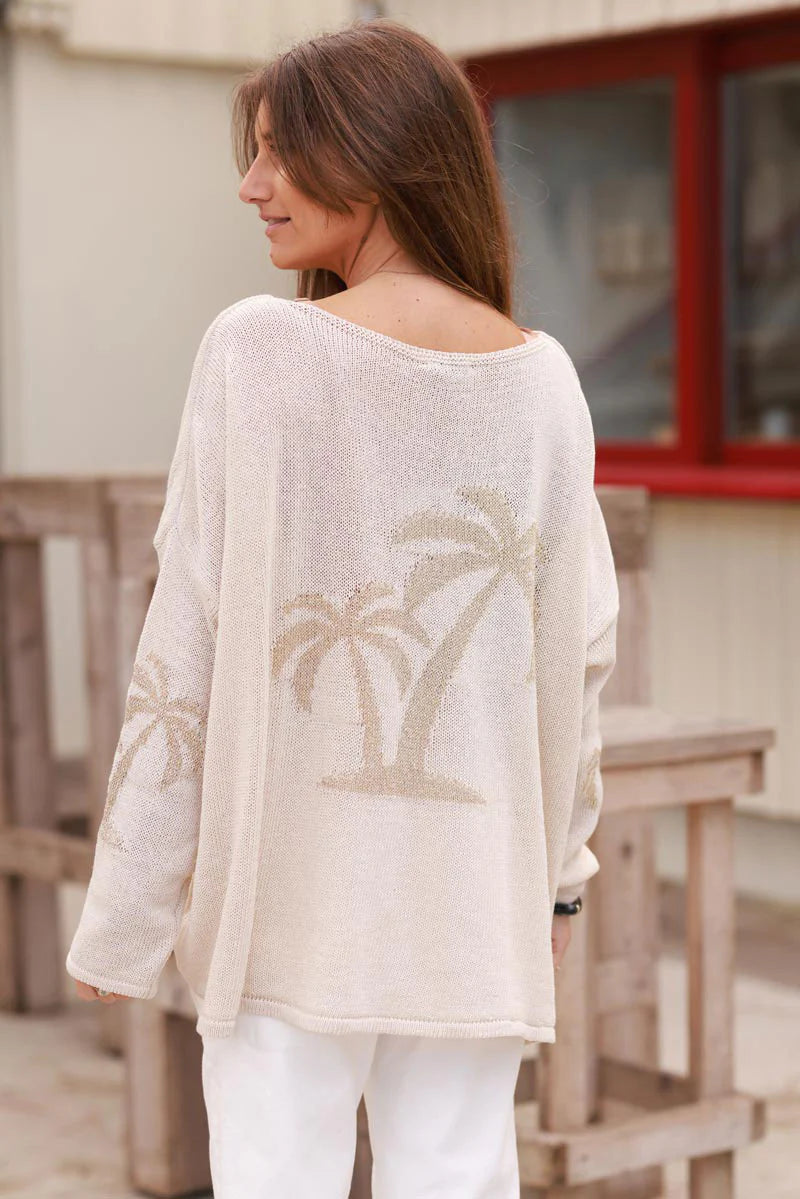Beige Intarsia Knit Gold Palm Sweater