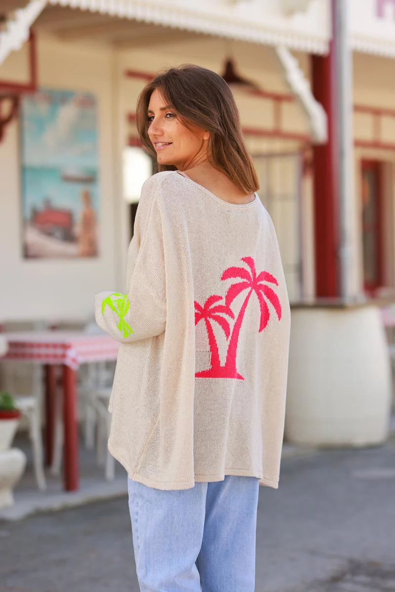 Beige Intarsia Knit Pink Palm Sweater