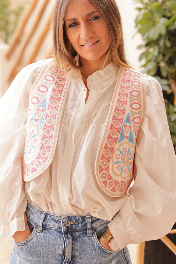 Beige Jean Waistcoat With Pink Emboridered and Sequin Aztec Print