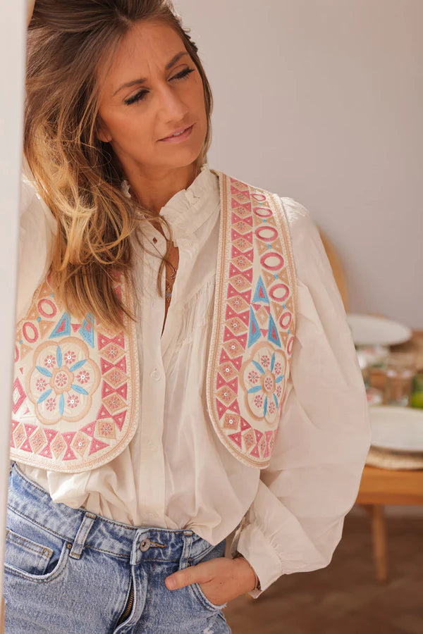 Beige Jean Waistcoat With Pink Emboridered and Sequin Aztec Print