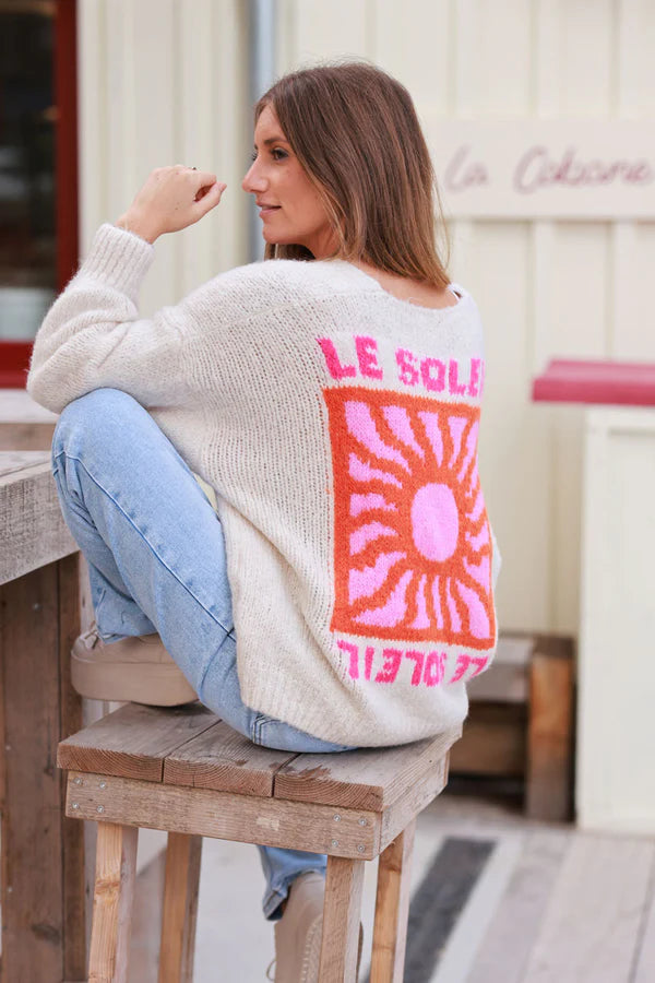 Beige Knit “Le Soleil” Cardigan Sweater