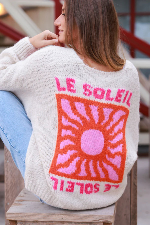 Beige Knit “Le Soleil” Cardigan Sweater