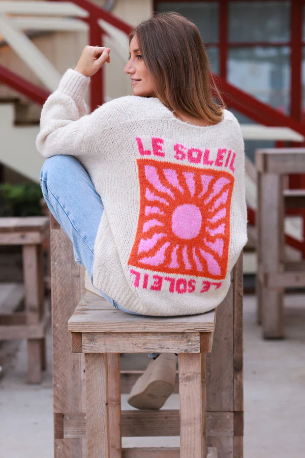 Beige Knit “Le Soleil” Cardigan Sweater