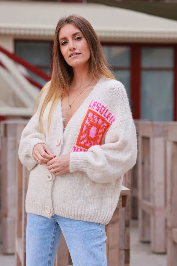 Beige Knit “Le Soleil” Cardigan Sweater