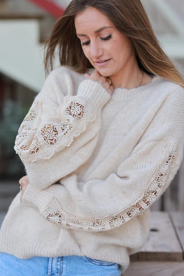 Beige Lace Sleeve Knit Sweater