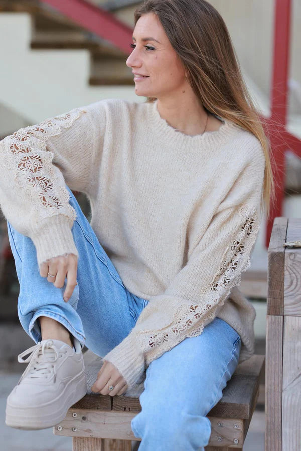 Beige Lace Sleeve Knit Sweater