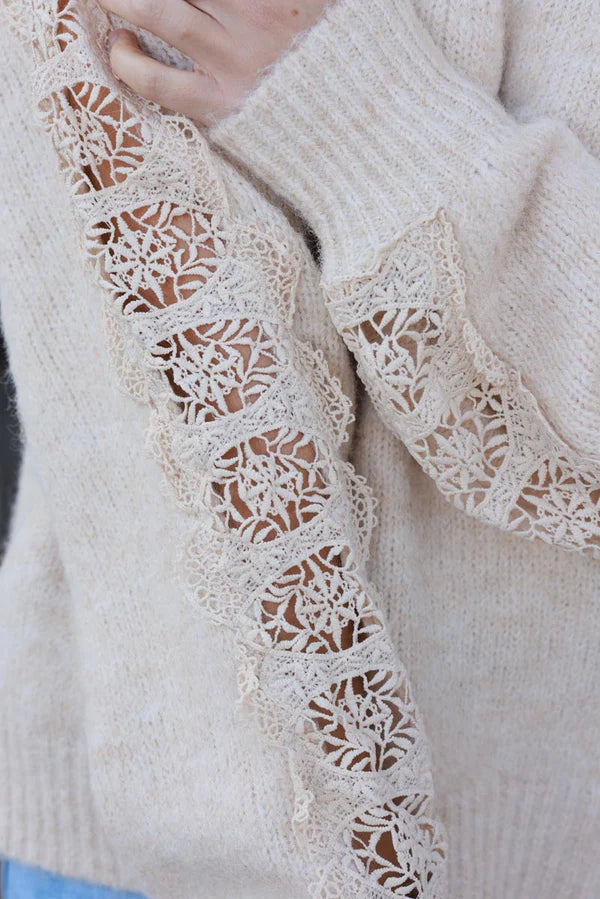 Beige Lace Sleeve Knit Sweater