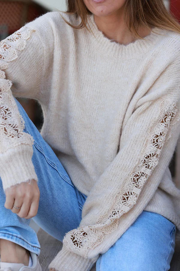 Beige Lace Sleeve Knit Sweater