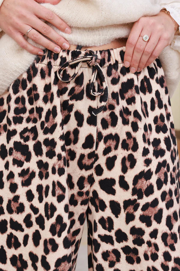 Beige Leopard Print Wide-Leg Drawstring Pants - Horizons Beige Leopard Print Wide-Leg Drawstring Pants - Horizons