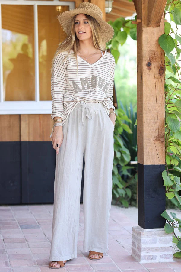 Beige Lightweight Cotton Wide Leg Pants