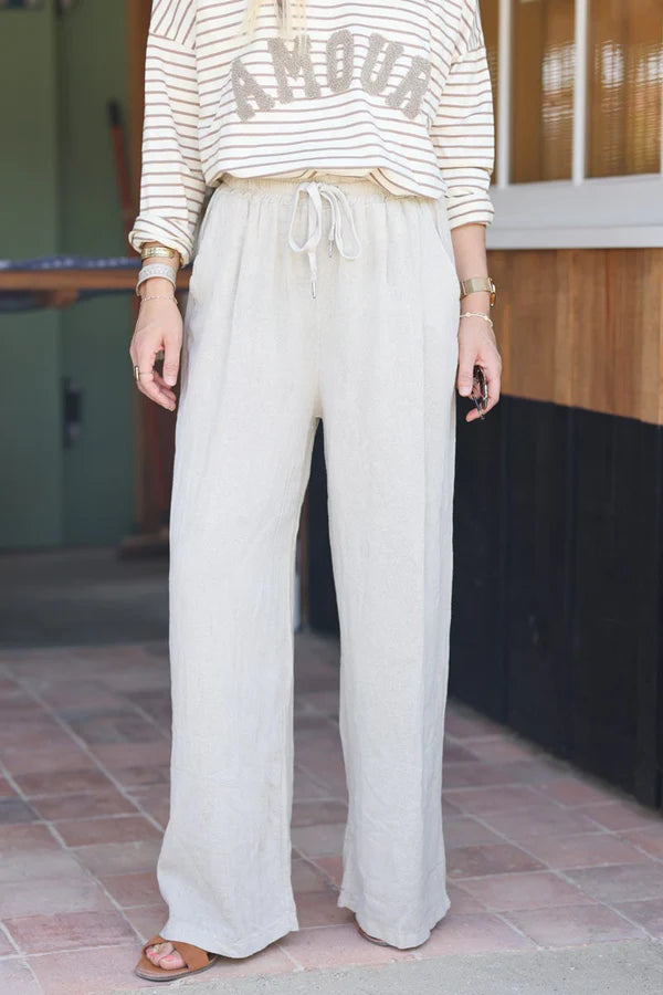 Beige Lightweight Cotton Wide Leg Pants