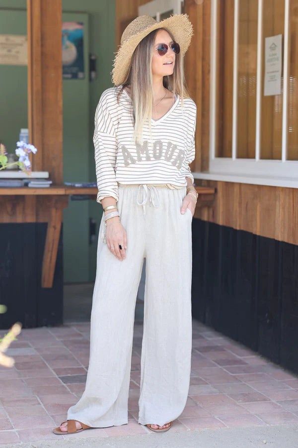 Beige Lightweight Cotton Wide Leg Pants