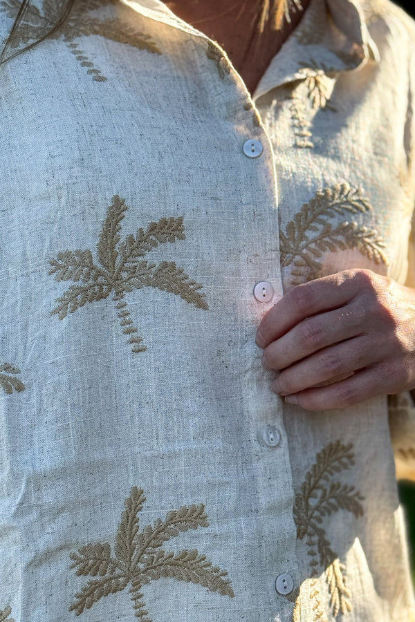 Beige Linen Embroidered Palm Button-Down