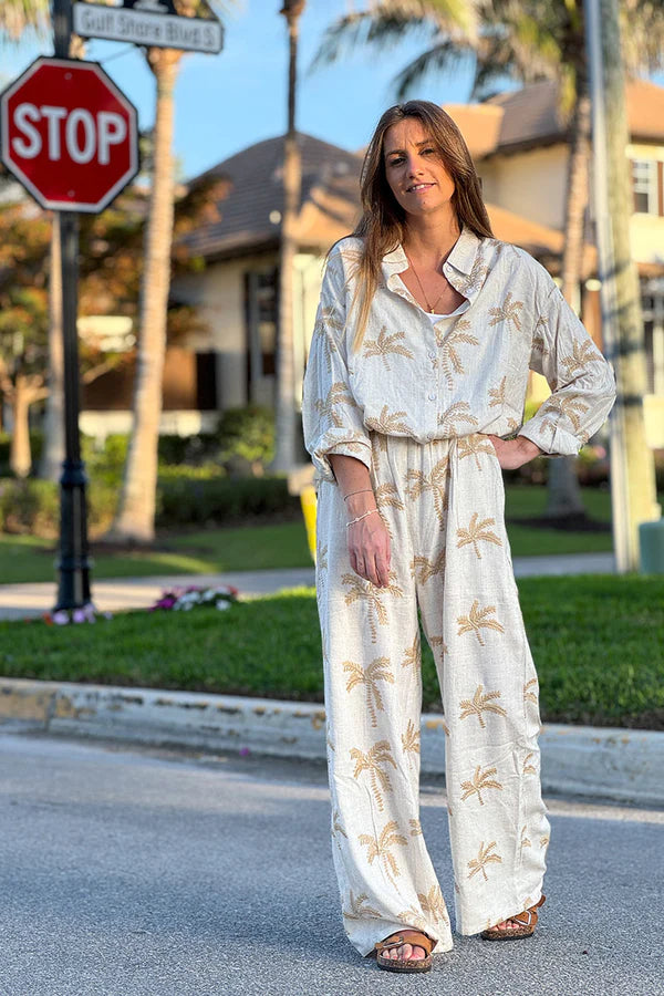 Beige Linen Embroidered Palm Wide Leg Pants