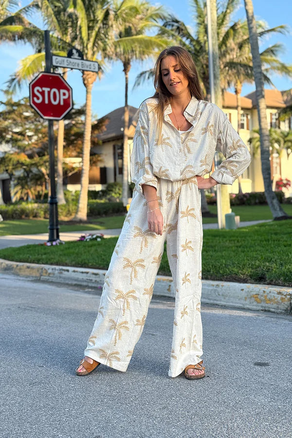 Beige Linen Embroidered Palm Wide Leg Pants