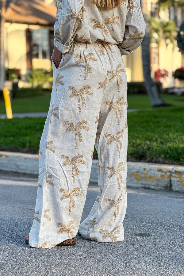 Beige Linen Embroidered Palm Wide Leg Pants